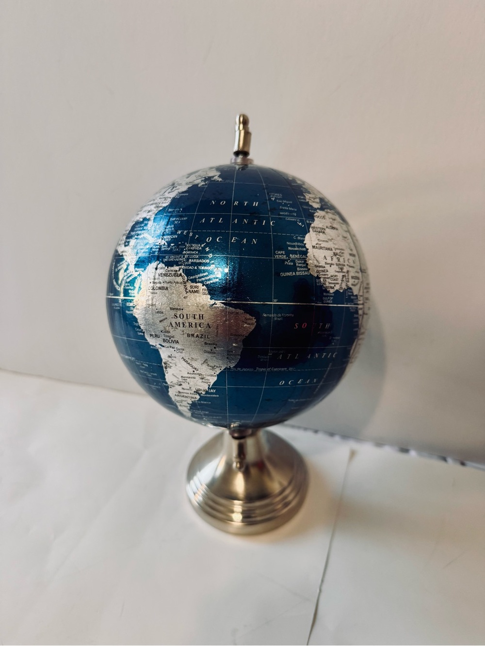 Blue Metallic World Globe Desk Decor with Metal Stand 13 Inch Rotating Earth Map - Picture 5 of 7